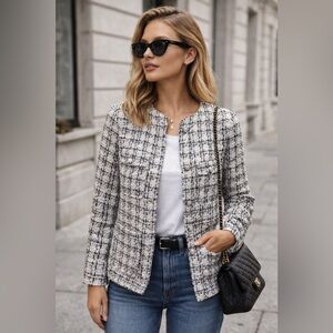 H&M Boucle Tweed Jacket Blazer | Pearl Button | Size S